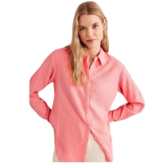 Boden Tops - Boden Coral Gauze Button-Up Shirt size 10 Beachy Lightweight Breathable